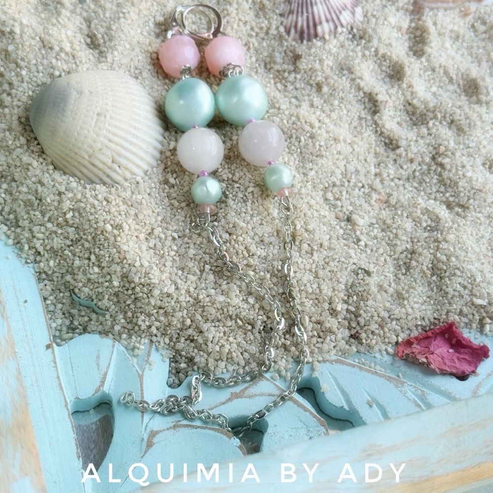 SHOULDER DUSTER EARRINGS | Mint pearls pink quartz silver X_Long CLAVICLE ๐งโโ๏ธ - Picture 4 of 4
